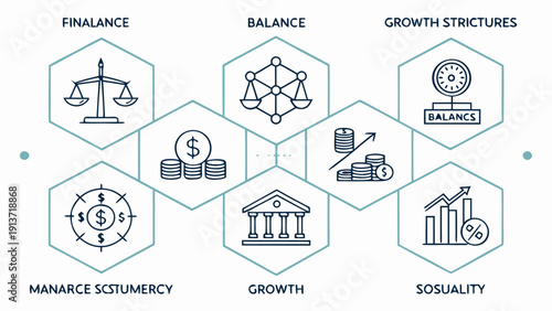 Visual representation of financial concepts including finance, balance, growth structures, management, sociology, and government institutions depicted through icons and diagrams
