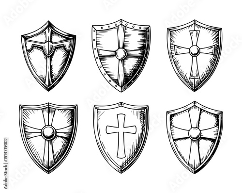 Medieval knight shields with cross and geometric in black ink style heraldry emblem