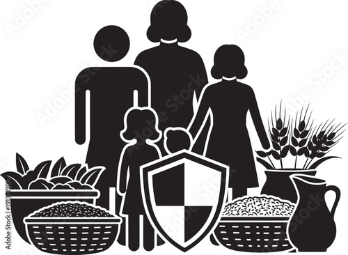 Conceptual illustration representing food security and sustainable agriculture with icons of wheat, global distribution, and healthy nutrition.