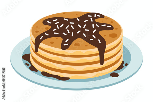 Stack of golden brown pancakes drizzled with rich chocolate syrup and white sprinkles a light blue plate