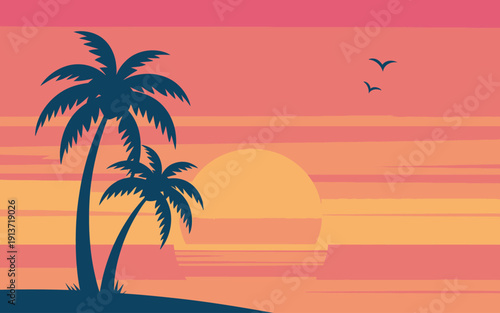 Silhouette palm trees a tropical beach at sunset with a large orange sun and birds flying