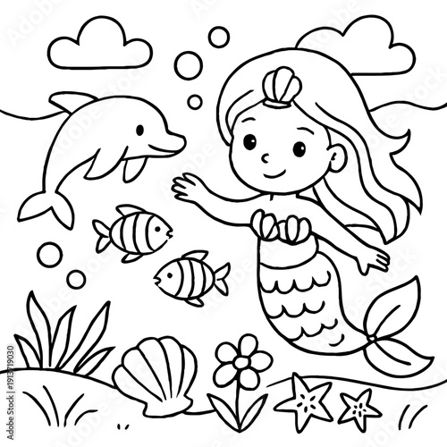 A smiling mermaid swims with a dolphin, fish, and seaweed in an underwater scene, isolated on transparent background