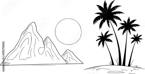 Stylized tropical island with palm trees mountains and sun white background
