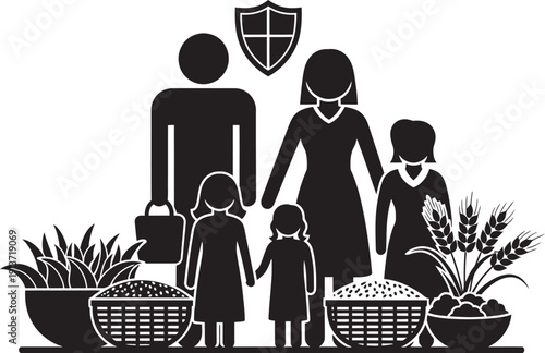 Conceptual illustration representing food security and sustainable agriculture with icons of wheat, global distribution, and healthy nutrition for all.