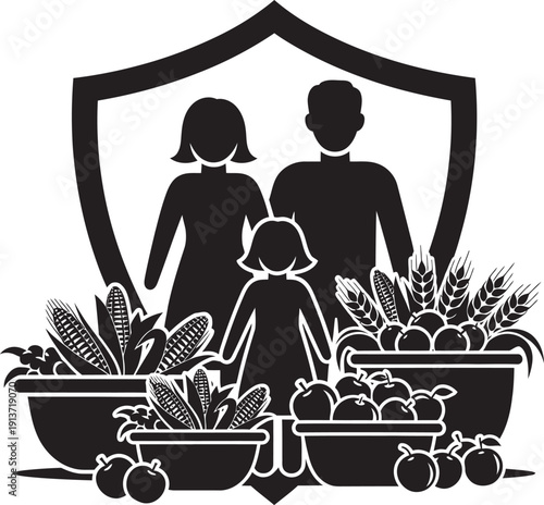 Conceptual illustration representing global food security with diverse agricultural elements and sustainable farming practices for a healthy future.