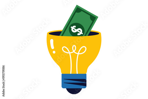 Yellow light bulb filled with green dollar bill symbolizing financial innovation and profitable ideas