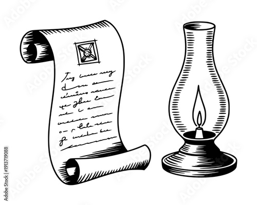 Vintage oil lamp illuminates old handwritten scroll with decorative emblem white background