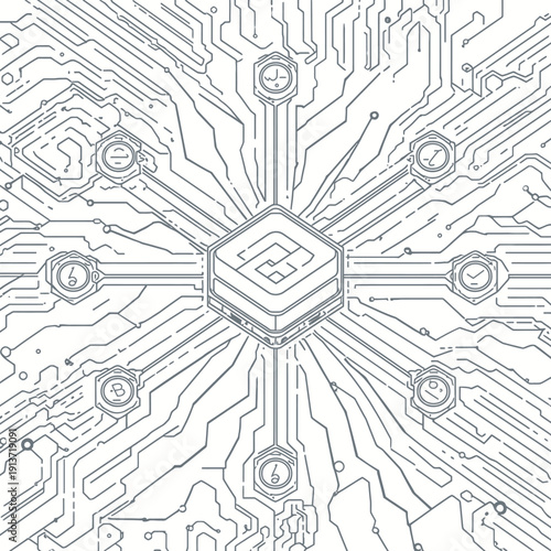 Crypto staking reward distribution, blockchain block and wallet nodes, technical clean monoline vector outline.