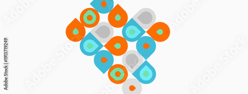 Abstract pattern features colorful rounded squares arranged diagonally. Simple design utilizes orange, blue, gray hues on white background.