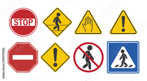 Bundle set of traffic signs including stop caution do not enter and pedestrian crosswalk for road safety regulation signage