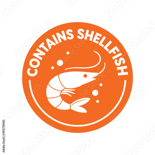 Flat vector badge CONTAINS SHELLFISH simple white shrimp good for package business info about product