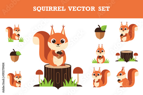 Cute cartoon squirrel vector set featuring playful characters with acorns and mushrooms in forest setting