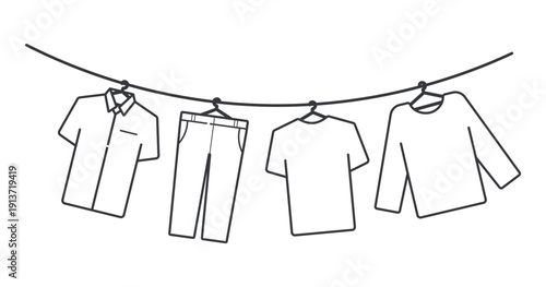 Isolated outline pictogram of hanging washed clothes t shirt long sleeve pants drying laundry household icon concept