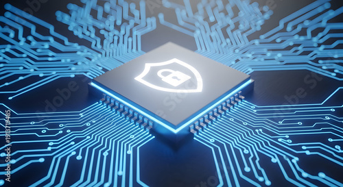 A glowing blue microchip with a shield icon on a circuit board background representing digital security and technology