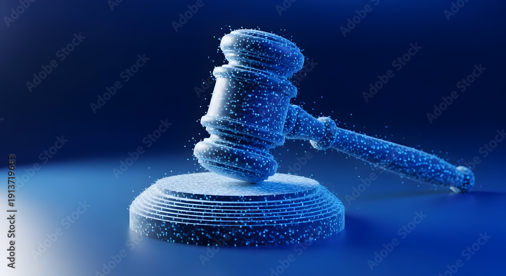 Fototapeta premium A gavel made of tiny particles on a blue surface with a dark background