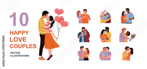 Happy Love Couples Set, Romantic People Hugging and Kissing, Valentine Relationship Vector Collection