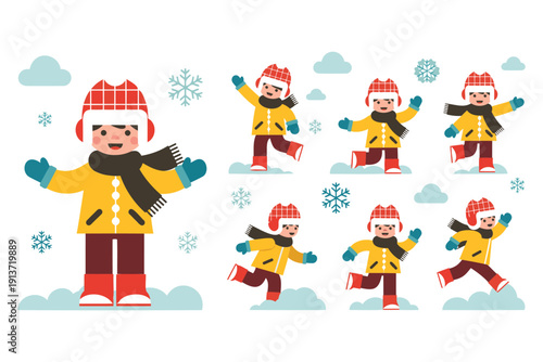 Cute winter cartoon character illustrations showing a child playing joyfully in the snow with various poses
