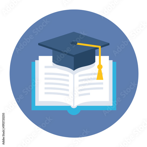 A blue graduation cap with a yellow tassel on an open book, symbolizing education and learning.