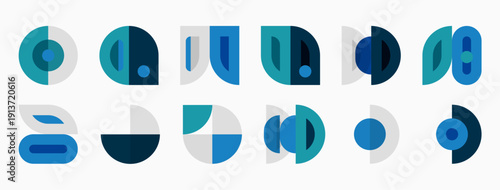 Abstract geometric shapes, mostly circles, arcs, segments. Blue, teal, gray color scheme dominates composition. Minimalist design.