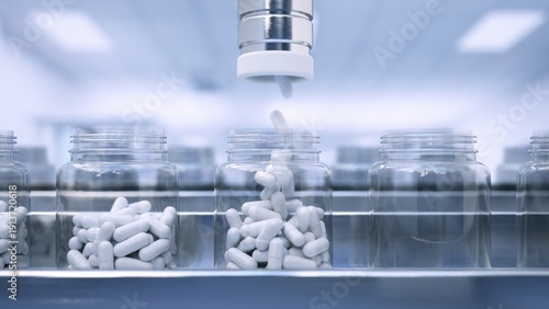Canvastavla Jar being filled with capsules on an automated pharmaceutical packaging line inside a sterile factory – seamless loop, high-quality 3D render