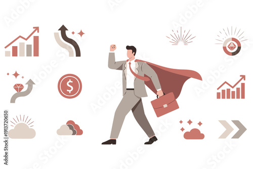 Illustration of a superhero businessperson with a cape and briefcase celebrating success surrounded by financial icons and growth charts