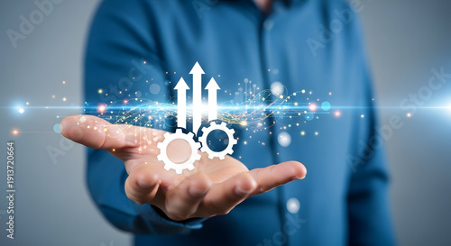 Businessman hand showing gears and arrows for growth and progress concept