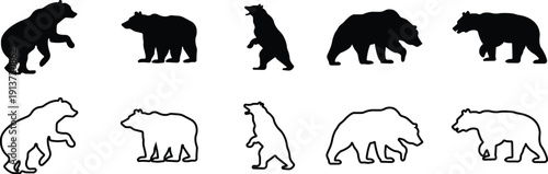 Bear icon set collection group in flat line style featuring grizzly, ursus, wildlife, animal silhouette and predator synonym elements for nature design, forest logo branding and graphic use