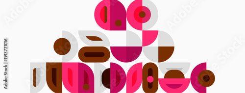 Abstract shapes, pinks, browns, whites create modern composition. Minimalist design, geometric forms suggest playful arrangement.