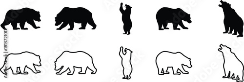 Bear icon set collection group in flat line style featuring grizzly, ursus, wildlife, animal silhouette and predator synonym elements for nature design, forest logo branding and graphic use