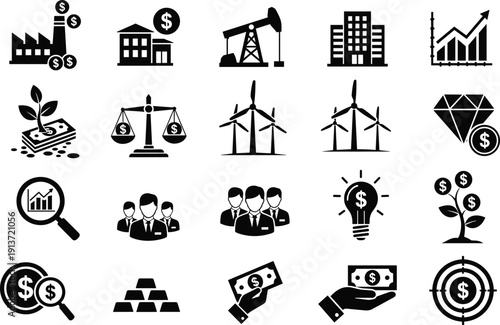 Black business and finance icon set, including money, investment, banking, industry and energy symbols, isolated vector illustration on white background.
