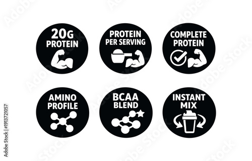 2x3 grid on white background six separate flat vector badges badge solid black circle with the text good for package business info about product consistent style and size badge texts and :