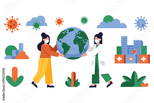 Illustration of two people wearing masks holding a globe surrounded by medical and environmental elements showing unity and global health awareness