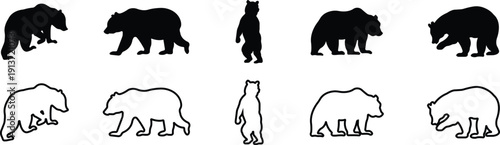 Bear icon set collection group in flat line style featuring grizzly, ursus, wildlife, animal silhouette and predator synonym elements for nature design, forest logo branding and graphic use