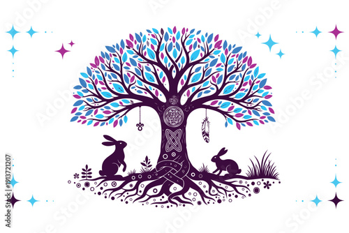 Mystical fantasy illustration featuring a magical tree with intricate roots and colorful leaves surrounded by rabbits and celestial symbols isolated
