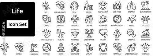 Life line icon set contains lifespan, soul, vitality, life insurance, wellness, existence, pulse, harmony and more. Outline icons set. 