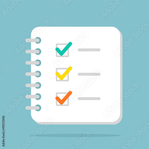 A white spiral notepad with three checkboxes and colorful checkmarks on a light blue background.