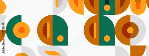 Geometric pattern features overlapping circles, semicircles. Colors include orange, green, gray. Simple design creates retro aesthetic.