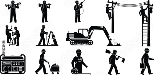 Black silhouette set of construction workers, industrial laborers welding, painting, laying bricks and car repair service, isolated vector illustration elements.