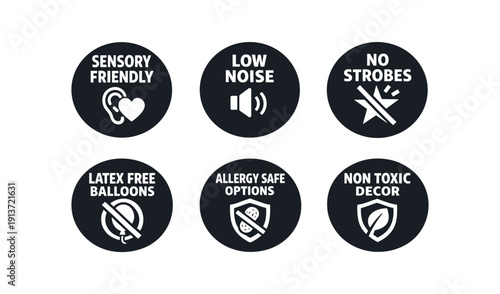 2x3 grid on white background six separate flat vector badges badge solid black circle with the text good for package business info about product consistent style and size badge texts and :