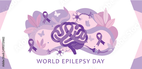 World Epilepsy Day Awareness Banner with Purple Ribbon Brain Illustration and Medical Concept Health campaign template