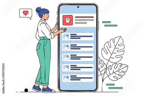 Young woman with blue hair using a large smartphone with a dating app interface full of profiles and messages