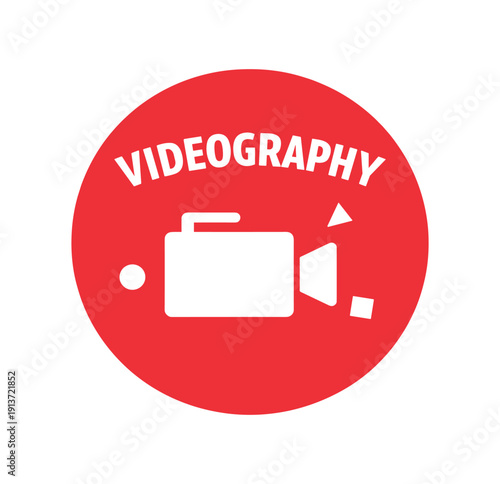 Flat vector badge VIDEOGRAPHY simple white video camera good for package business info about product