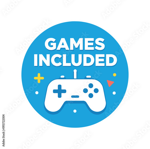 Flat vector badge GAMES INCLUDED simple white game controller good for package business info about product