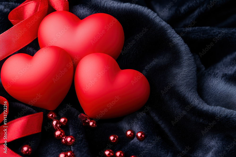Fototapeta premium Romantic heart red heart love symbol valentine gift soft fabric red ribbon celebration decor romantic mood glossy bead holiday romance Romantic heart red heart love symbol valentine gift soft