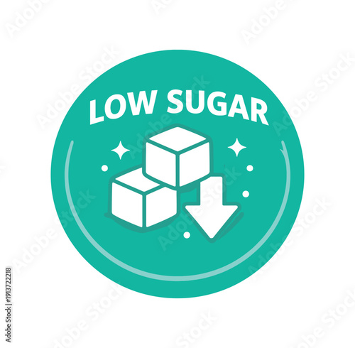Flat vector badge LOW SUGAR simple white sugar cube with down arrow good for package business info about product