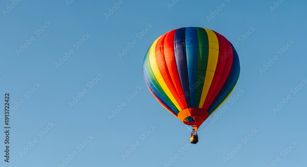 Naklejka premium A vibrant rainbow-colored hot air balloon floats serenely against a clear blue sky, evoking a sense of adventure and freedom