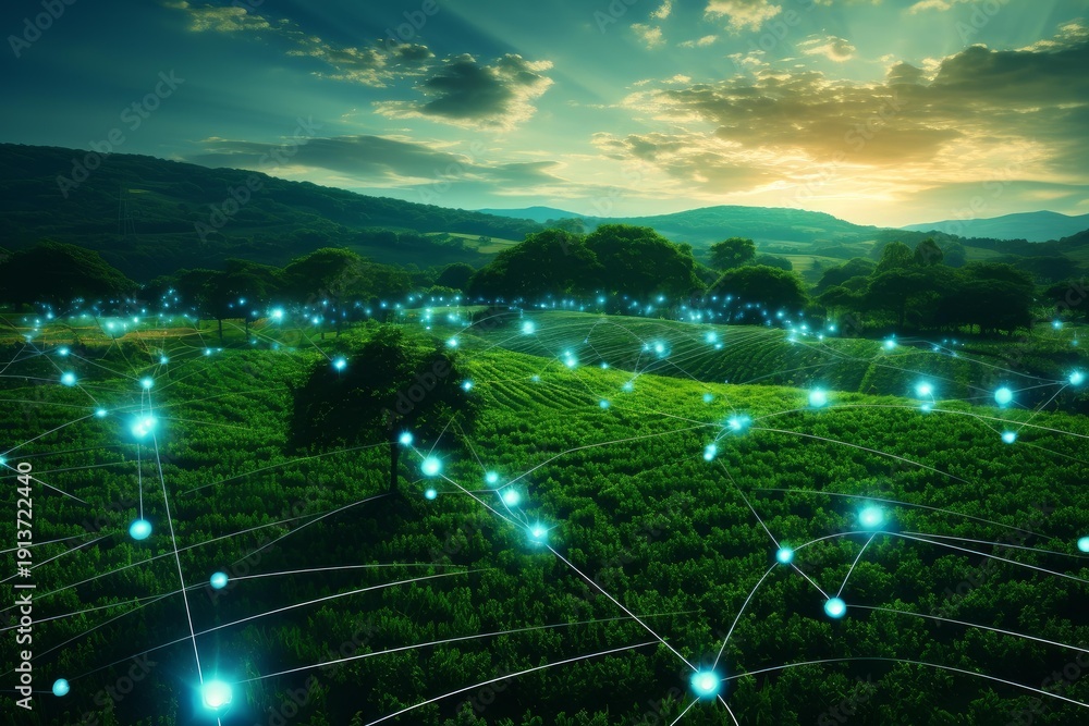Fototapeta premium Lush green field showing connected data points for smart farming and agritech