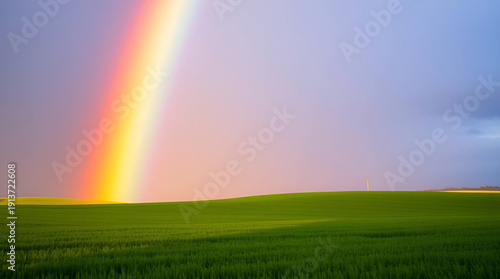 Stunning Vibrant Rainbow Touching Down on a Lush Green Field Under a Moody Sky