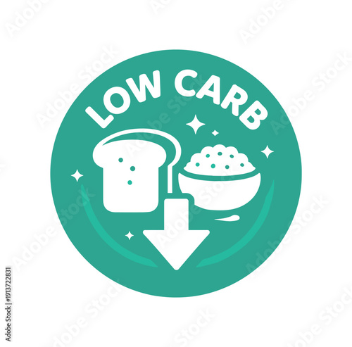 Flat vector badge LOW CARB simple white carb icon with down arrow good for package business info about product