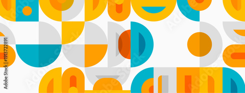 Geometric shapes repeat, creating vibrant pattern. Orange, teal, gray dominate design. Modern aesthetic, clean lines present.